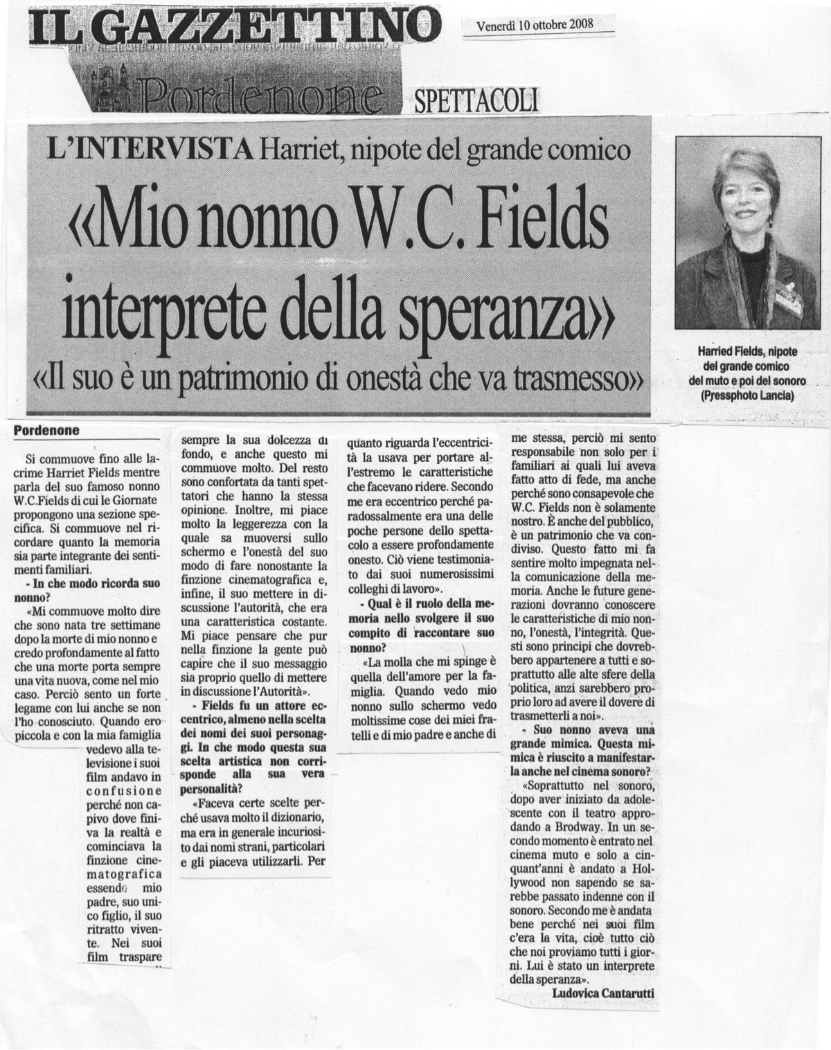 click to enlage Il Gazzettino article clipping on W.C. Fields