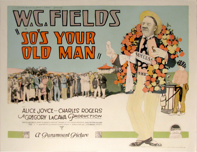 So's Your Old Man movie poster W.C. Fields wearing a garland of roses around his neck while holding-up a golf ball.