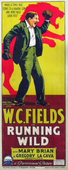 W.C. Fields in Running Wild Running Wild movie poster with W.C. Fields wearing boxing gloves and a silhouette of a lion in the background.